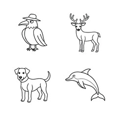 Minimalist black and white cartoon illustrations of a crow deer dog and dolphin for design