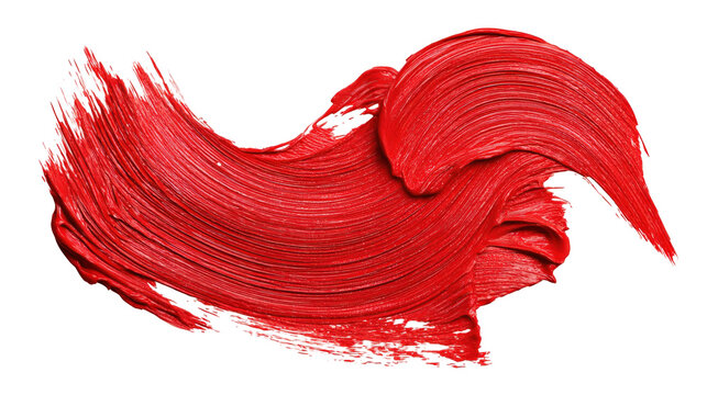 Vivid and textured brush stroke of red acrylic paint, isolated against a transparent background, infusing designs with a bold and artistic flair that captivates the eye