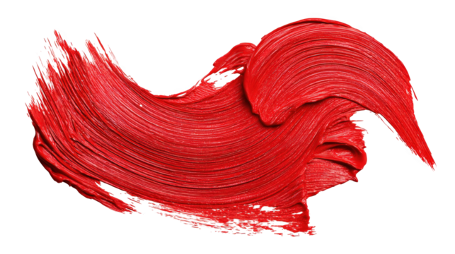 Vivid and textured brush stroke of red acrylic paint, isolated against a transparent background, infusing designs with a bold and artistic flair that captivates the eye