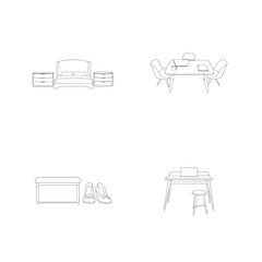 Minimalist line art illustrations of home furnishings and bedroom essentials for interior design