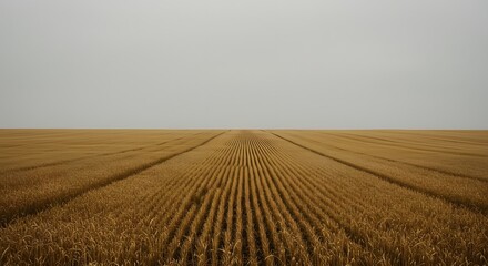 Minimalist wheat field with repeating patterns under cloudy sky