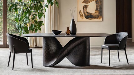 Minimalist modern dining table with sculptural base, surrounded by high-back chairs