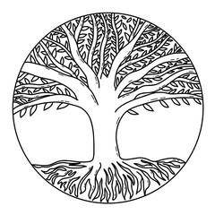 Intricate Tree of Life Yoga Design in a Circle with Roots and Branches Illustration. Detailed line art of a tree enclosed in a circle, showcasing its roots and branching canopy. Perfect for symbolic 