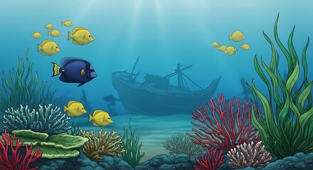 Marine Life Thrives Around Sunken Ship: Blue Tang, Yellow Tangs, Coral Reef, & Seaweed in a Vibrant Ocean Cartoon Illustration