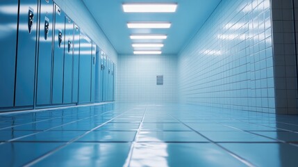 Obraz premium Public swimming pool locker room with blue lockers and tiled floors reflecting clean lighting