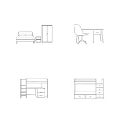 Line art drawings of bedroom furniture including beds desks and bunk beds