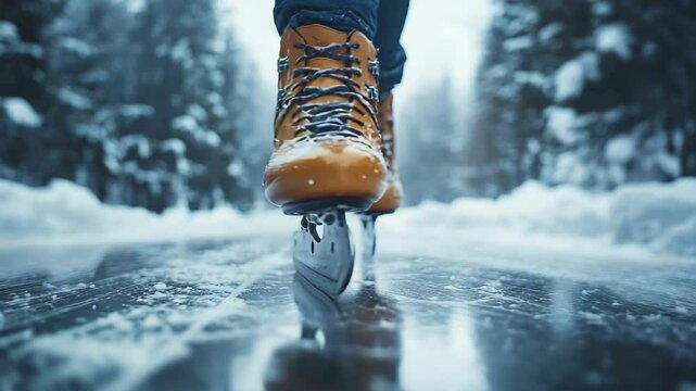 A person standing on a skate board in the snow