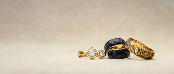 Gold And Black Rings Display On Beige Background