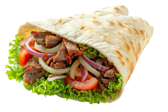Flavor-packed shawarma wrapped in a warm pita bread with a combination of meat and sauces isolated on transparent background