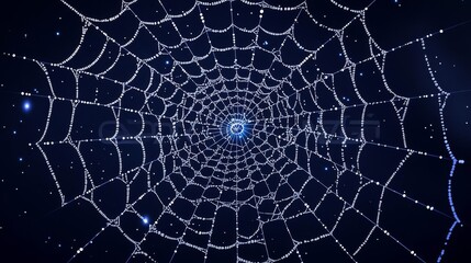 Obraz premium A stunning close-up of a spider web glistening in the night, showcasing intricate patterns against a dark background.