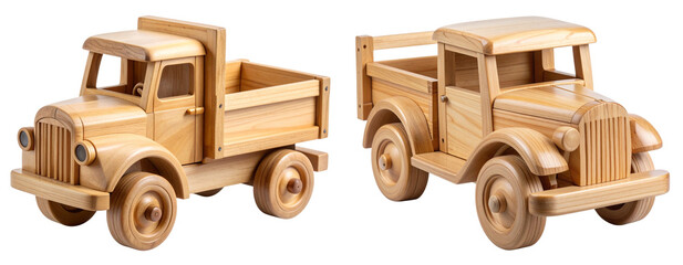 Vintage Wooden Toy Truck with Rotating Wheels in Diagonal View Transparent Background  PNG