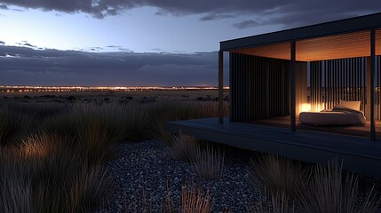 Modern rooftop space featuring sleek design and a panoramic view of city lights sparkling in the distance as evening descends