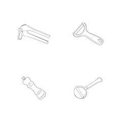 Outline illustrations of kitchen utensils including a garlic press peeler and pepper grinder