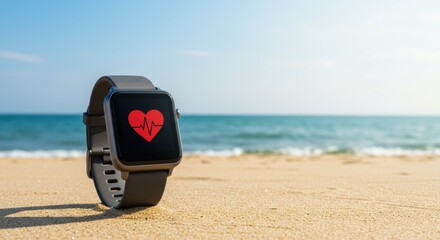 Smartwatch with heart rate monitor lying on beach sand, symbolizing fitness, health tracking, and active lifestyle during vacation