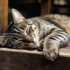 A tabby cat is peacefully sleeping on a rustic wooden surface. The cat looks relaxed and comfortable, with its legs curled and eyes closed, enjoying a quiet nap in a cozy corner.

