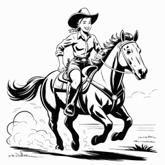 Vintage Cowgirl Riding Horse – Black and White Western Style Vector Illustration