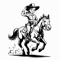 Vintage Cowgirl Riding Horse – Black and White Western Style Vector Illustration