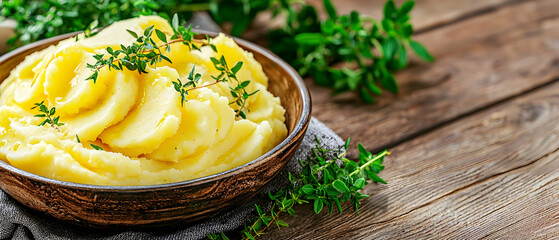 Rustic Mashed Potatoes in Bowl with Fresh Thyme