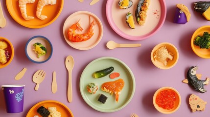 Pink and purple toddler table with playful food shapes and animal-printed cups