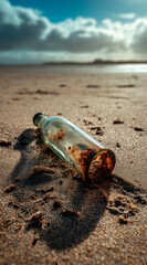 Obraz premium A close-up of a discarded glass bottle partially buried in the sand on a quiet beach
