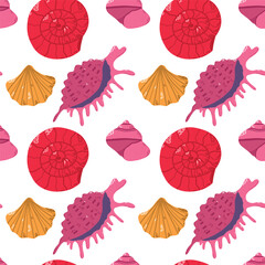 Vibrant Seashell Pattern Featuring Varied Shells Against a Clean White Background. Colorful pattern showcasing seashell illustrations in pink, red, and yellow hues, uniformly arranged on a white 