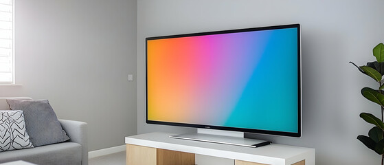 Modern Flat Screen Tv On Wooden Stand In Light Gray Living Room