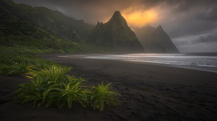 Warm twilight illuminating a tropical coast abundant with lush plants and calm, smooth ocean waters