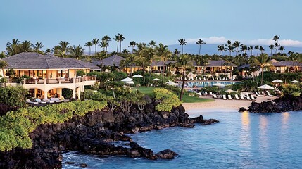 Warm twilight illuminating a tropical coast abundant with lush plants and calm, smooth ocean waters