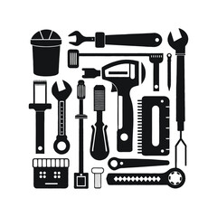 DIY repair and construction tool icon set in black and white including pliers, screwdriver, wrench, and saw for engineering and workshop designs