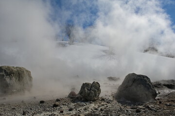 Russia. Kuril Islands. A picturesque floating thermal spring (Boiling river) near the volcano Baranovsky on the island of Iturup, whose water temperature at the source reaches 80 degrees.