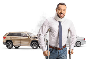 Car collision and an injured man with crutches