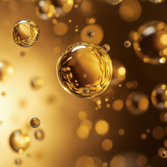 Drops of golden sunflower oil close up on orange and yellow background, oil bubbles macro photo