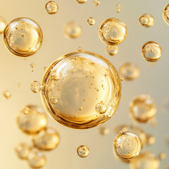 Drops of golden sunflower oil close up on orange and yellow background, oil bubbles macro photo