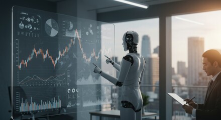 Futuristic AI presenting a corporate analytics dashboard.