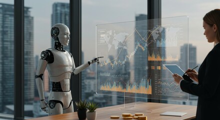 Futuristic AI presenting a corporate analytics dashboard.