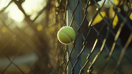Tennis ball caught in fence corner, with soft sunlight backlighting the scene