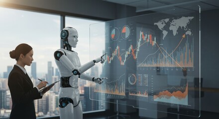 Futuristic AI presenting a corporate analytics dashboard.