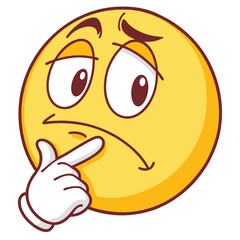 Cheerful yellow emoji with hand on chin and raised eyebrow