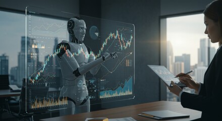 Futuristic AI presenting a corporate analytics dashboard.