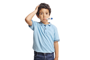 Sad boy with thermometer in mouth