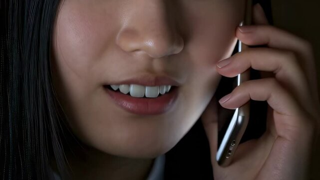 黒い背景。女子高生がスマホ通話で誰かと密談している口元