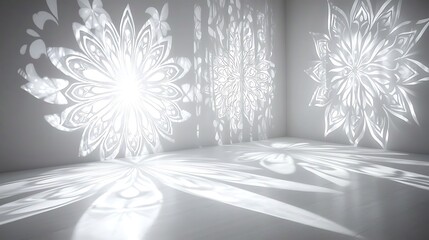 Tranquil interior bathed in warm early sunlight filtering through curtains with gentle shadow patterns on walls