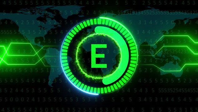 Digital letter E green colors with Futuristic Global Technology Network Background.