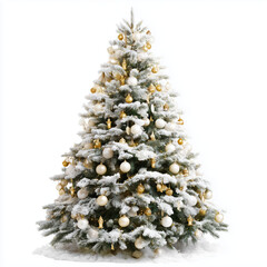 Snowy Christmas Tree with Gold Ornaments , PNG isolated cut out image