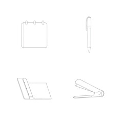 Simple line art illustrations of office stationary elements including pen calendar and stapler