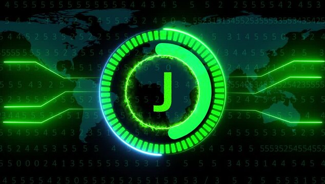 Digital letter J green colors with Futuristic Global Technology Network Background.