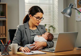 Working Mother Breastfeeding Her Baby While Working on Laptop at Home Office World Breastfeeding Week