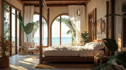 Luxurious beachfront bedroom with four-poster bed, ocean view, and tropical plants.