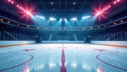 Empty hockey rink, ice glistening under arena lights, blank, arena