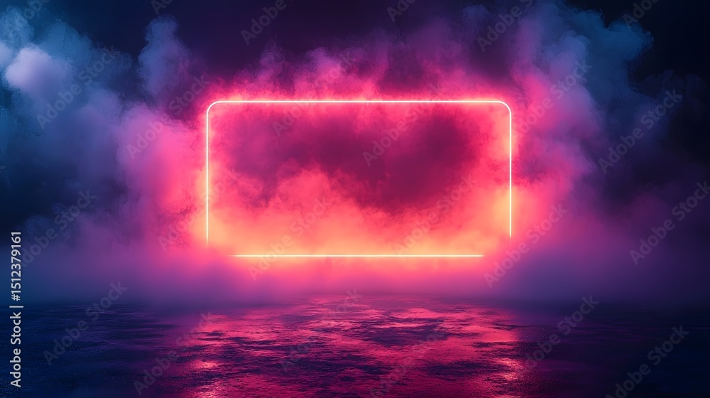 Sticker floating neon frame in a surreal futuristic setting